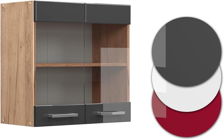 Vicco Küchenschrank Glas R-Line, Anthrazit Hochglanz/Goldkraft Eiche, 60 cm Anthrazit Hochglanz Häng