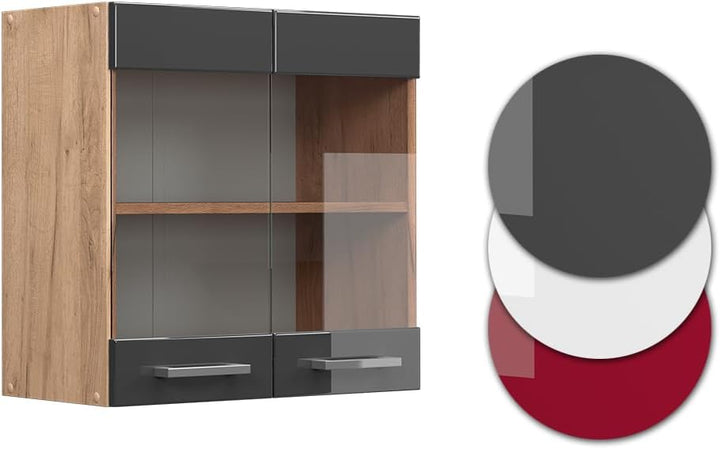 Vicco Küchenschrank Glas R-Line, Anthrazit Hochglanz/Goldkraft Eiche, 60 cm Anthrazit Hochglanz Häng