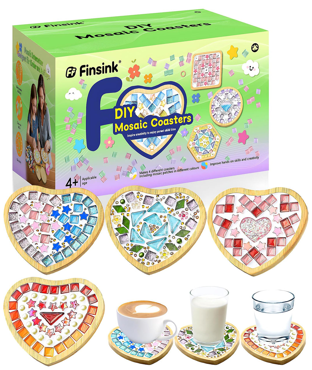 Mosaik Bastelset Kinder Finsink 4 Stück Herz Mosaik Untersetzer Bastelset DIY Holz Untersetzer Set M