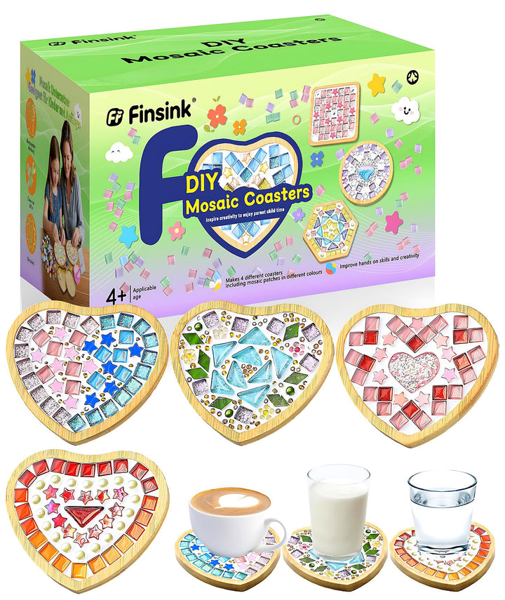Mosaik Bastelset Kinder Finsink 4 Stück Herz Mosaik Untersetzer Bastelset DIY Holz Untersetzer Set M