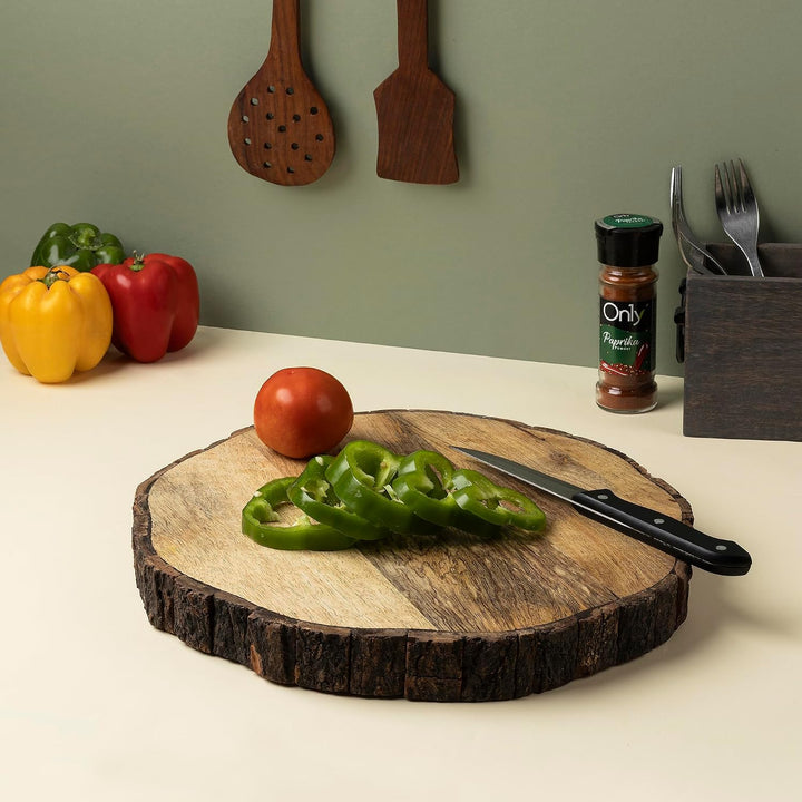 GoCraft Rundes Schneidebrett aus Holz mit Baumrinde, 3,8 cm dick, Mangoholz, Schneidebrett, Servierb