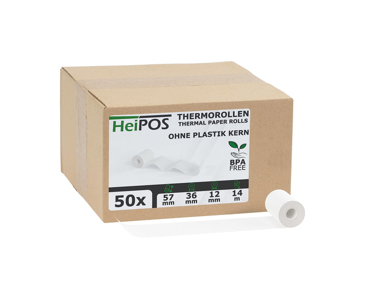 HeiGroup - HeiPOS 50x Thermorollen ohne Plastikkern - 57mm x 14m, Rollen Ø 36mm, Kern Ø 12mm, Fläche