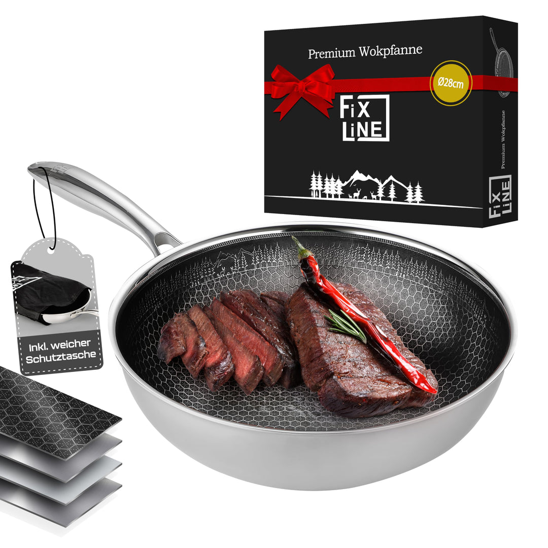 FIXLINE® BLACK FOREST Wokpfanne 28cm - Keramische &amp; Kratzfeste Beschichtung - alle Herdarten inkl. I