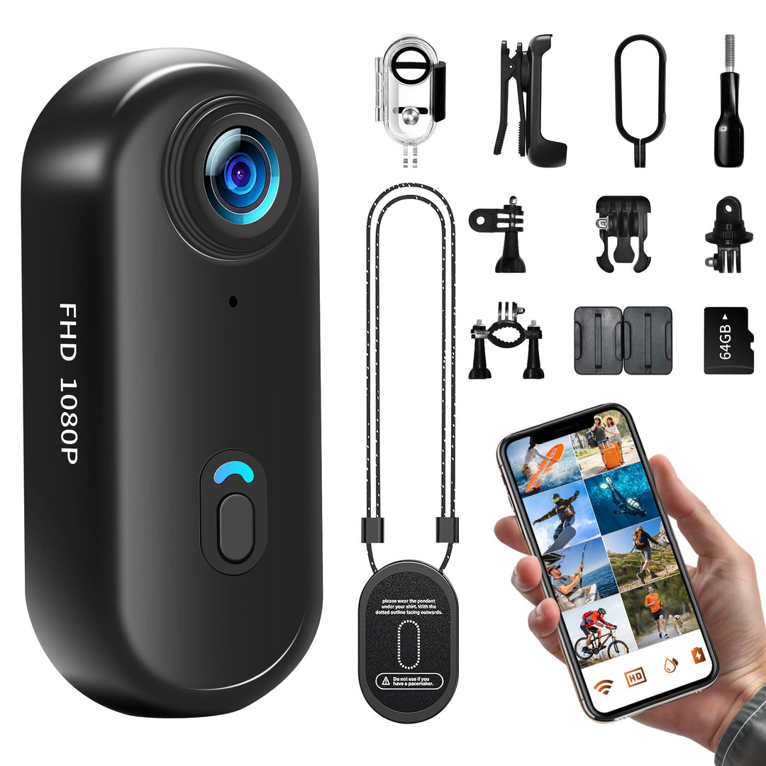 Action Cam WiFi, 64GB Sportkamera WLAN 120° 1080P HD, Mini 360 Action Kamera Fahrrad Motorrad Helmka