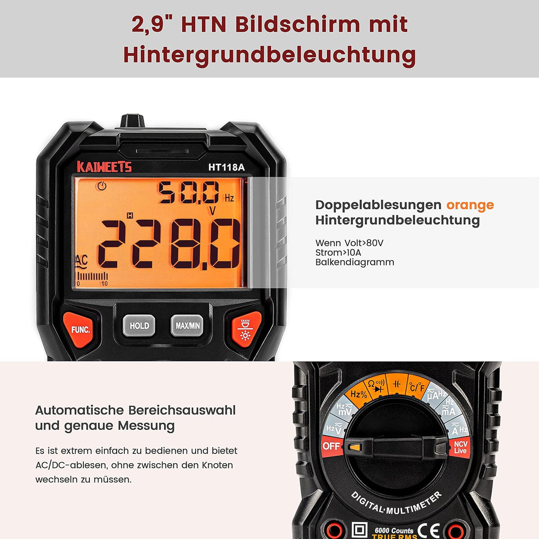 KAIWEETS Digital Multimeter mit LED-Buchsen, Strommessgerät CAT III 1000 V, CAT IV 600 V True RMS Au