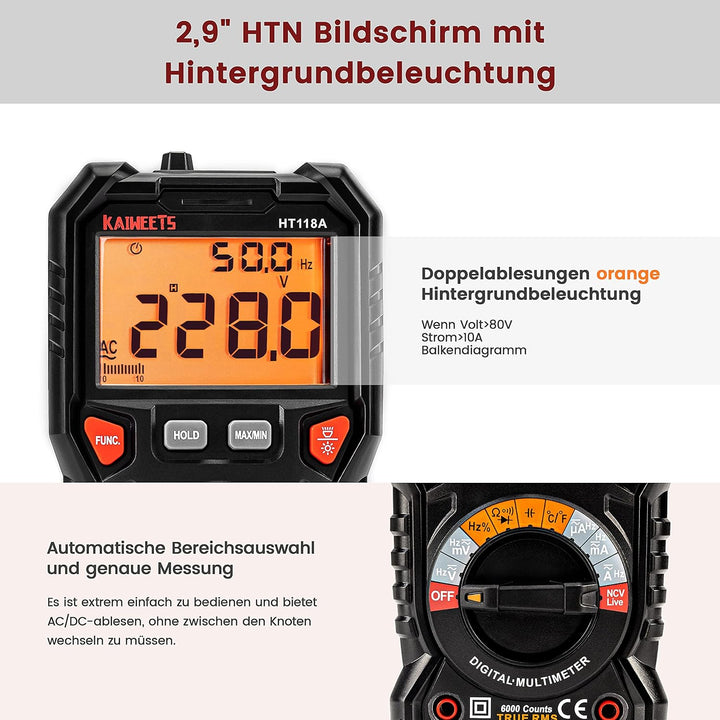 KAIWEETS Digital Multimeter mit LED-Buchsen, Strommessgerät CAT III 1000 V, CAT IV 600 V True RMS Au