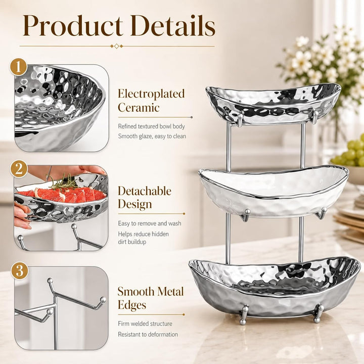 3-stufiger Obst Etagere Obstschale Keramik, Snackteller mit Metallgestell, für Küche, Wohnzimmer (We