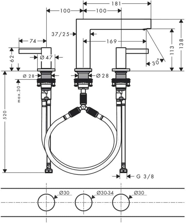 hansgrohe 3-Loch Waschtischarmatur Finoris, Wasserhahn Bad mit Auslauf Höhe 110 mm, mit Push-Open Ab
