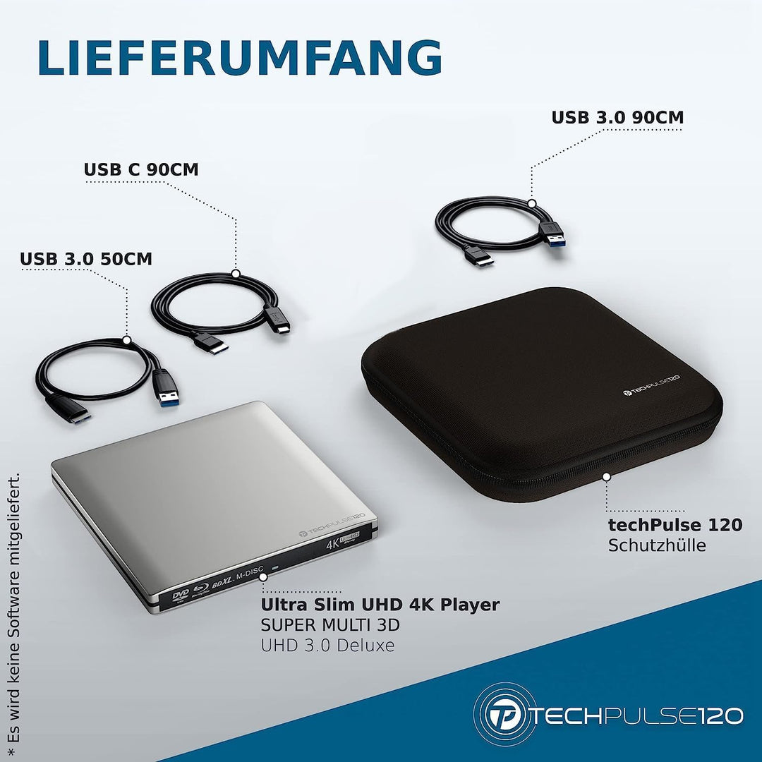 techPulse120 Externes UltraHD UHD 4k 3D M-DISC BDXL HDR10 100GB USB 3.0 &amp; USB-C Laufwerk Bluray Bren