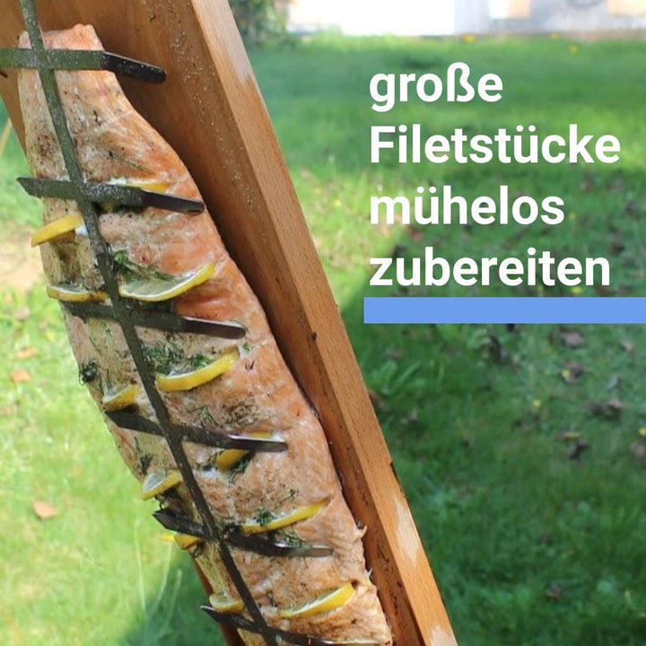Premium Flammlachsbrett für Lagerfeuer mit Erdspiess, Flameboard & Erdspiess halten fest an jeder Fe