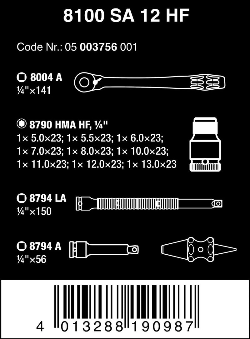 Wera 05003756001 8100 SA 12 HF Zyklop Metal-Knarrensatz, Umschalthebel, 13-teilig, 1/4 Zoll