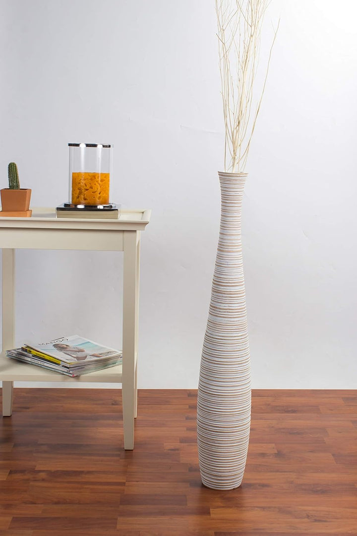 Leewadee Grosse Bodenvase für Dekozweige hohe Standvase Design Holzvase, Holz, 70 cm, White Wash 70