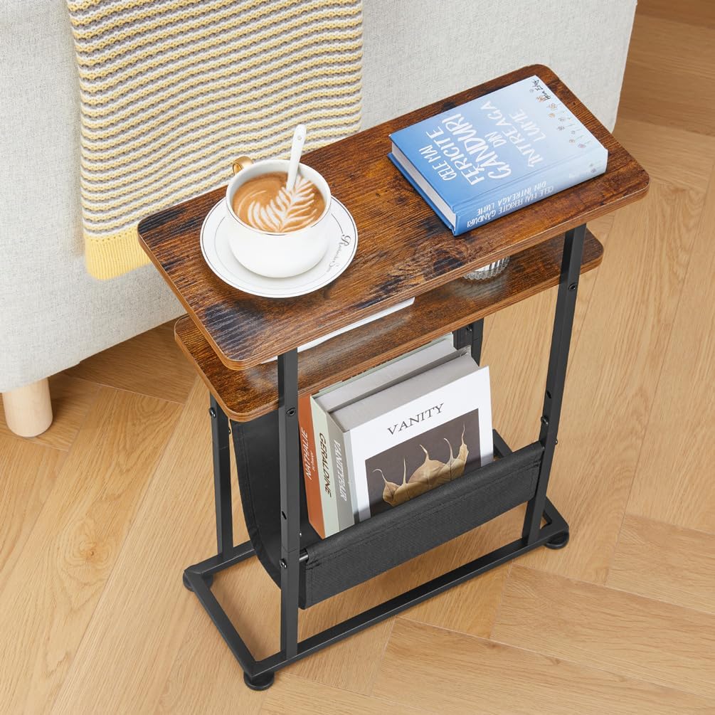 Kleiner Beistelltisch für kleine Räume, Schlanker Couchtisch mit Zeitschriftenhalter - 2 in 1 Schmal