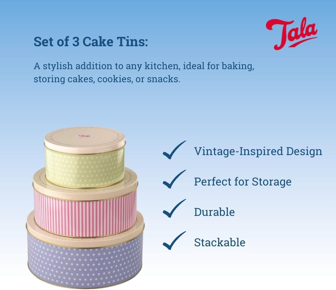 Tala 3er Set Retro-Design Metall Kuchenbehälter | Stapelbar | Für Kuchen, Kekse & Snacks | Grössen: