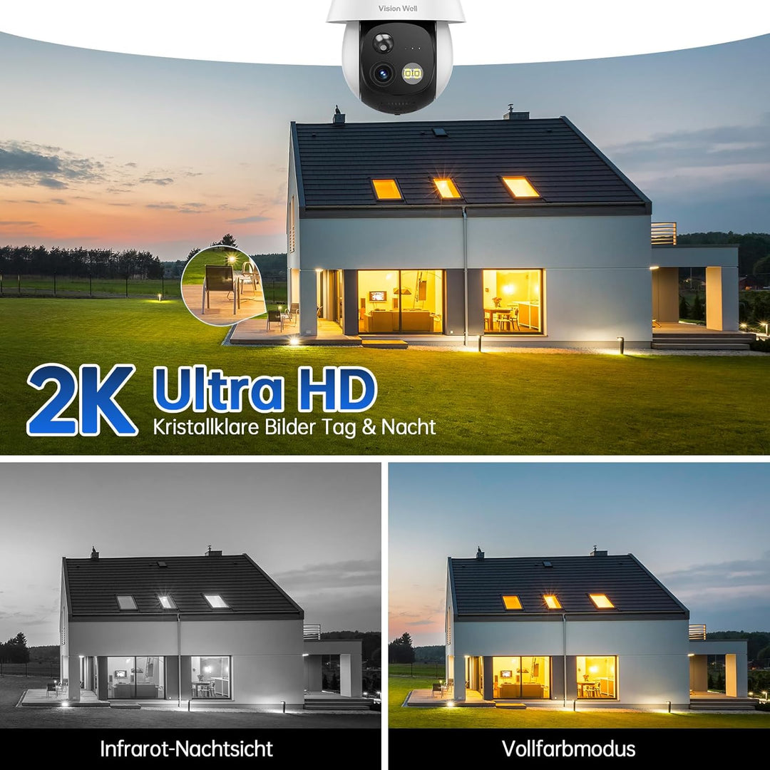 VISION WELL Solar Überwachungskamera Aussen, 2K 360° PTZ WLAN IP Kamera Kabellos, PIR Personenerkenn