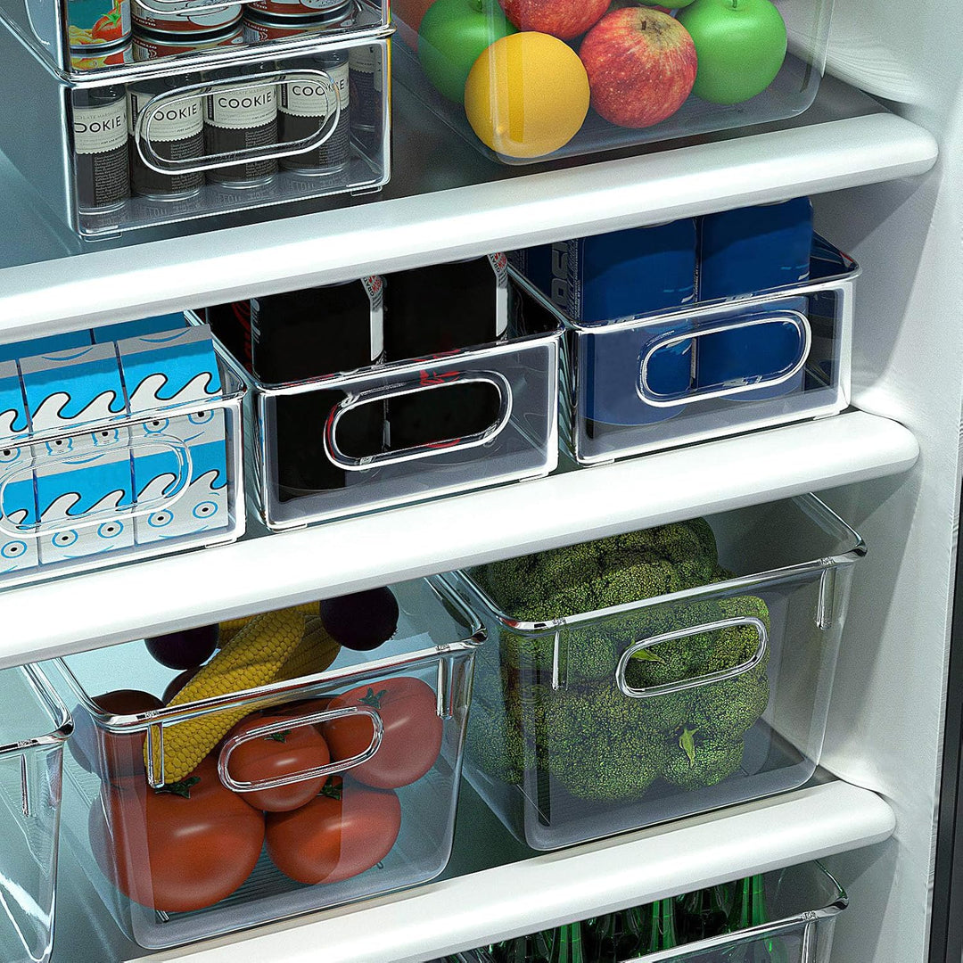 FINEW Set von 4 Stapelbare Kühlschrank Organizer - 2 Grosse/2 Mittel, Aufbewahrungsbox für Gefrierge