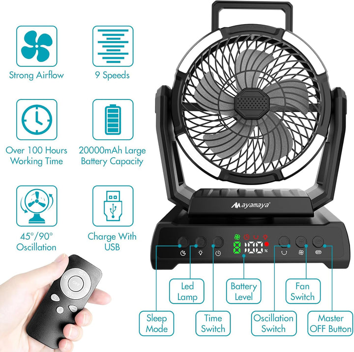 Ventilator Leise, Tischventilator Klein Tragbar, 2 in 1 Akku Camping Ventilator mit Led Laterne 270°