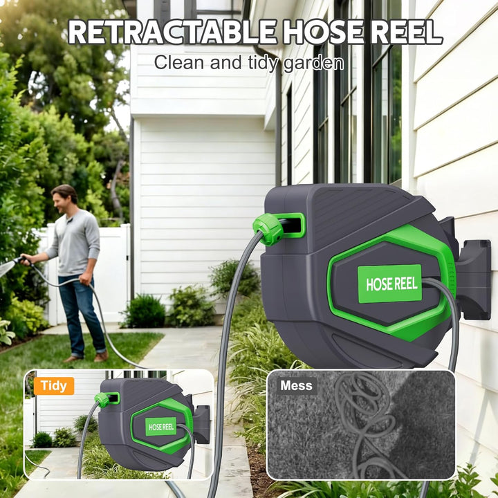 Schlauchtrommel Automatik 30m, Ausziehbarer Gartenschlauch Trommel, 180° Schwenkbar Wand-Schlauchbox