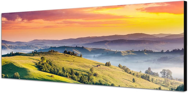 Paul Sinus Art Panoramabild auf Leinwand und Keilrahmen 150x50cm Ukraine Berge Wiesen Wolken Sonnenu