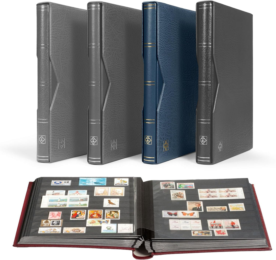 Leuchtturm 304196 Premium Briefmarken-Sammelalbum - DIN A4, 32 Seiten, wattierter Ledereinband, Schu