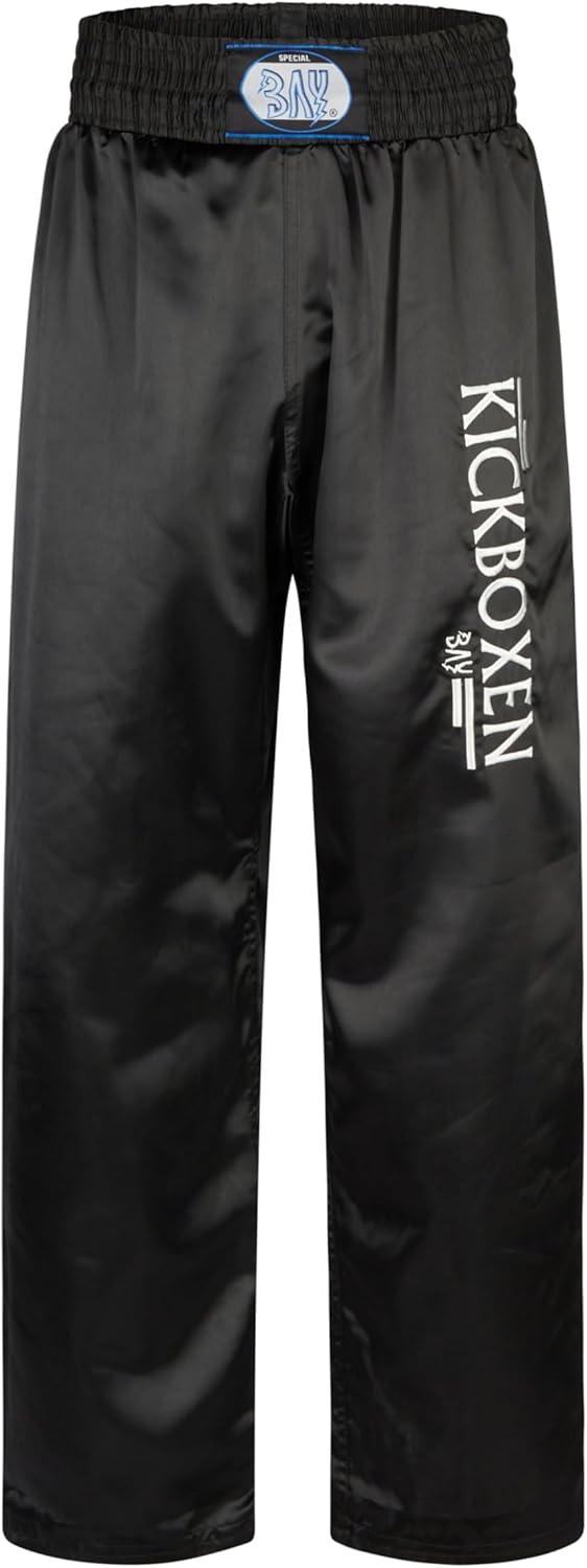 BAY® "EDEL Stick Kickboxhose, komplett schwarz, gestickter Schriftzug Kickboxen, Thaiboxhose lang, H