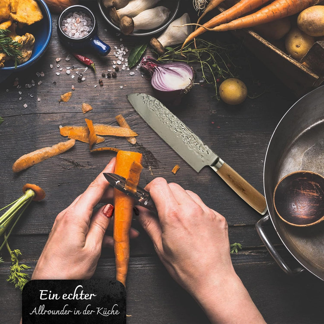 Ruka Santokumesser - Damaststahl Küchenmesser 19 cm - rostfrei - sehr scharfe Klinge - Extreme Härte