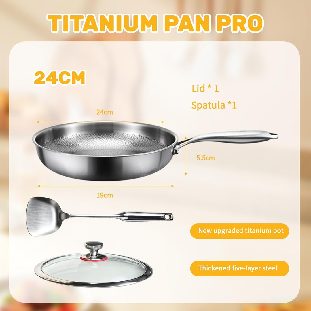 Titan Pfanne Unbeschichtet, 24CM Titanpfanne Mit Deckel und Spatel, Pfanne Titans Hammered Edelstahl
