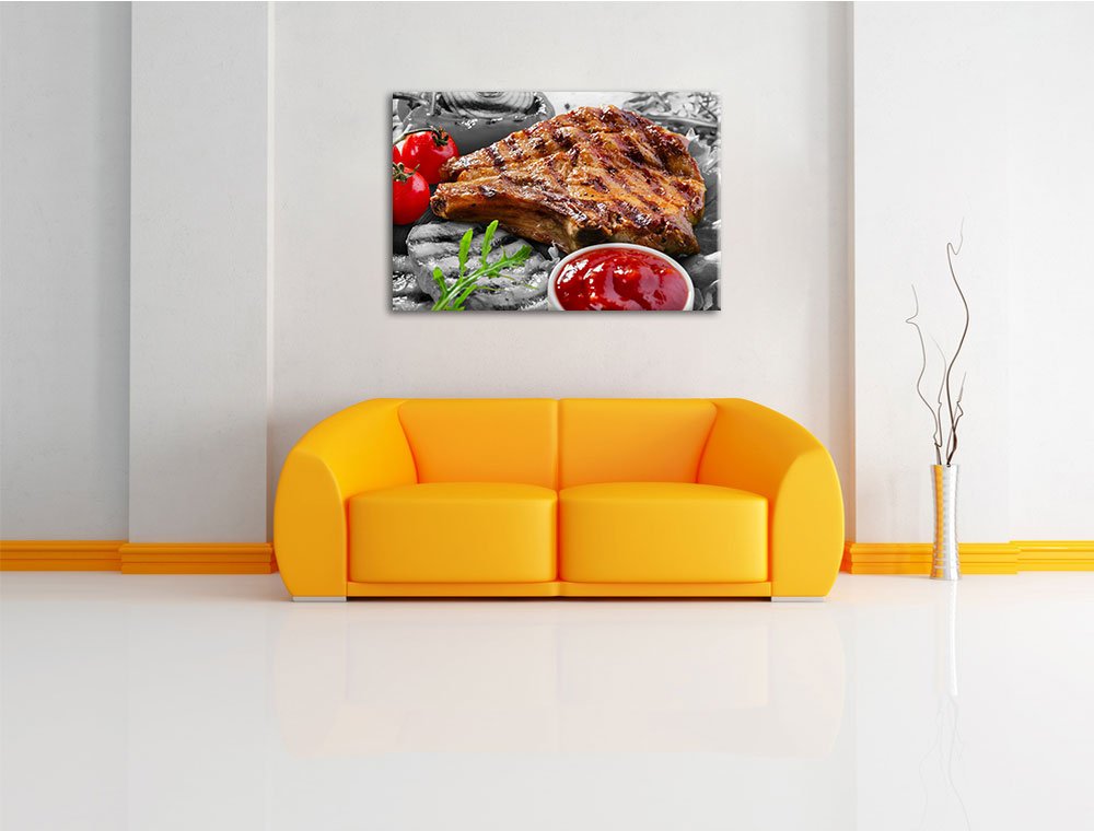 Saftiges Steak mit Grillkäse schwarz/weiss Format: 100x70 cm auf Leinwand, XXL riesige Bilder fertig