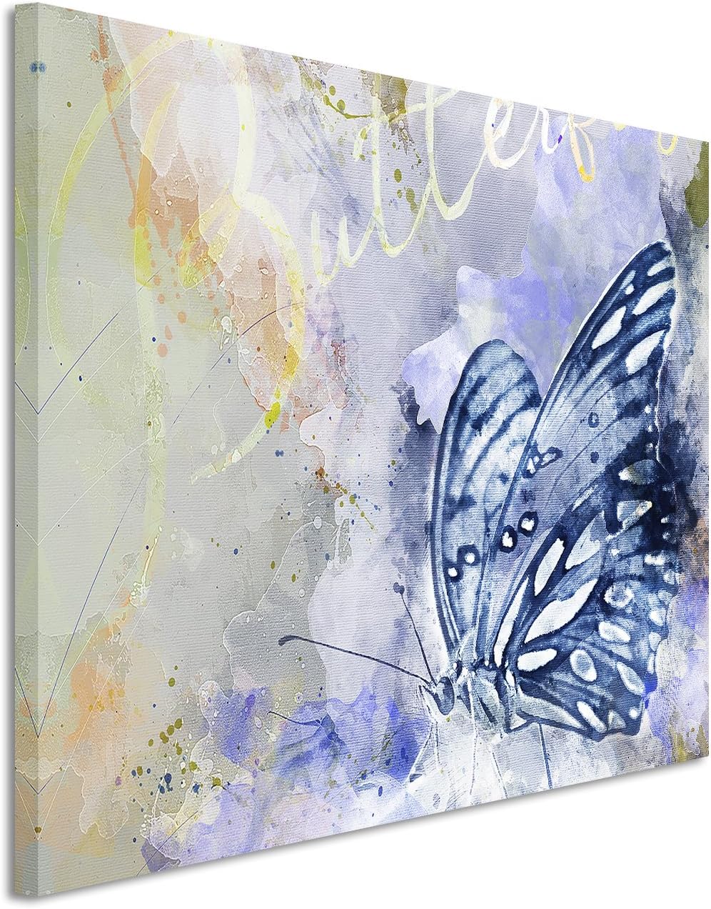 Paul Sinus Art Bild Leinwand 120x80cm Eleganter Schmetterling in Blautönen mit Kalligraphie, 120x80c