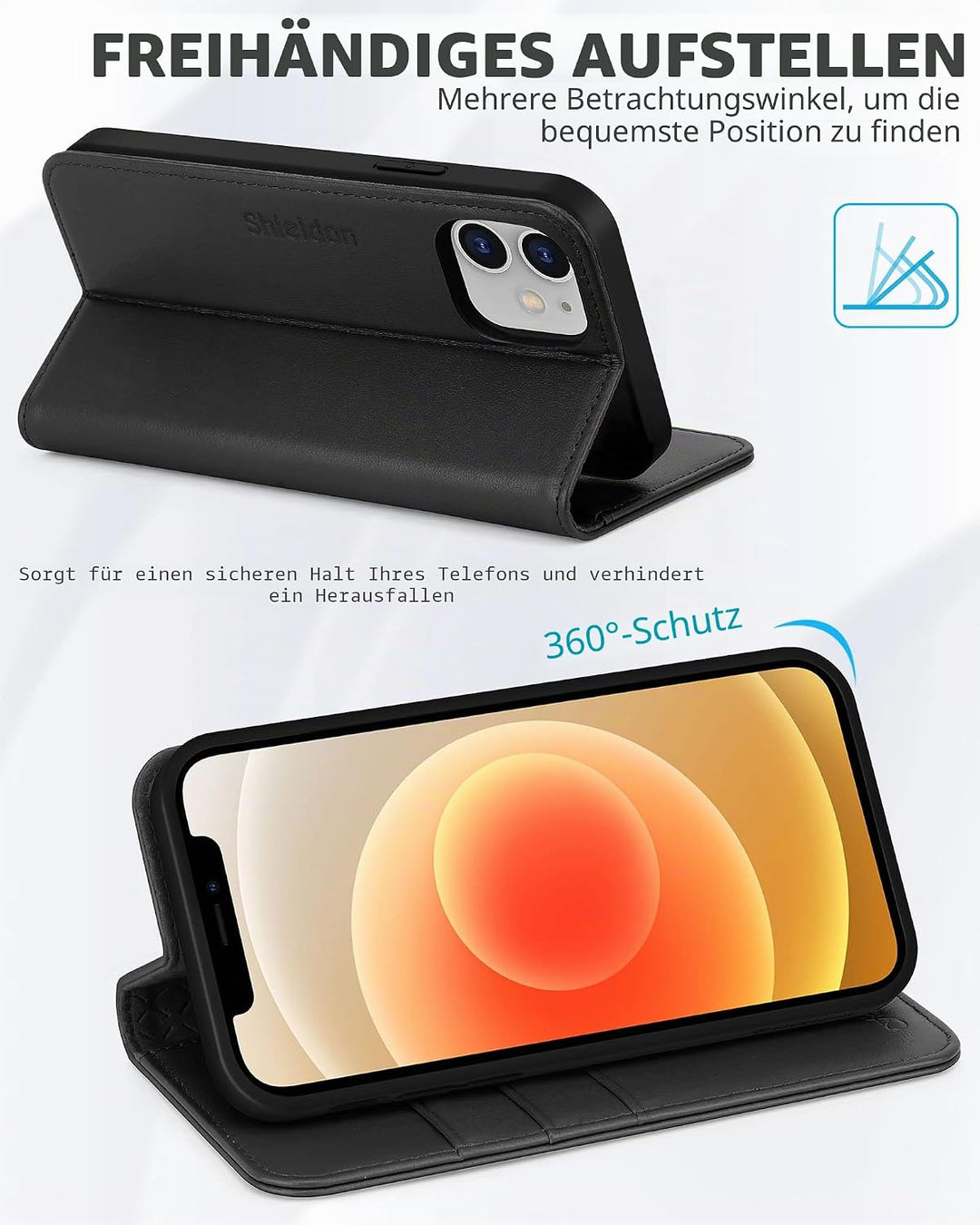SHIELDON iPhone 12 Hülle, iPhone 12 Pro Handyhülle [Echtleder] [RFID-Sperre] [Kartenfach] [Magnet] [