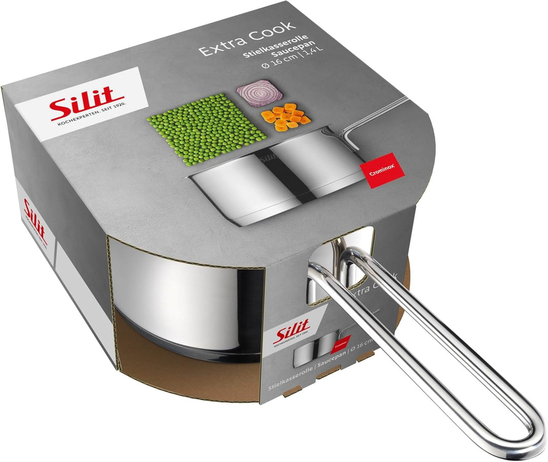 Silit Extra Cook, Stielkasserolle 16 cm, Innenskalierung, breiter Schüttrand, hochwertiger, spülmasc