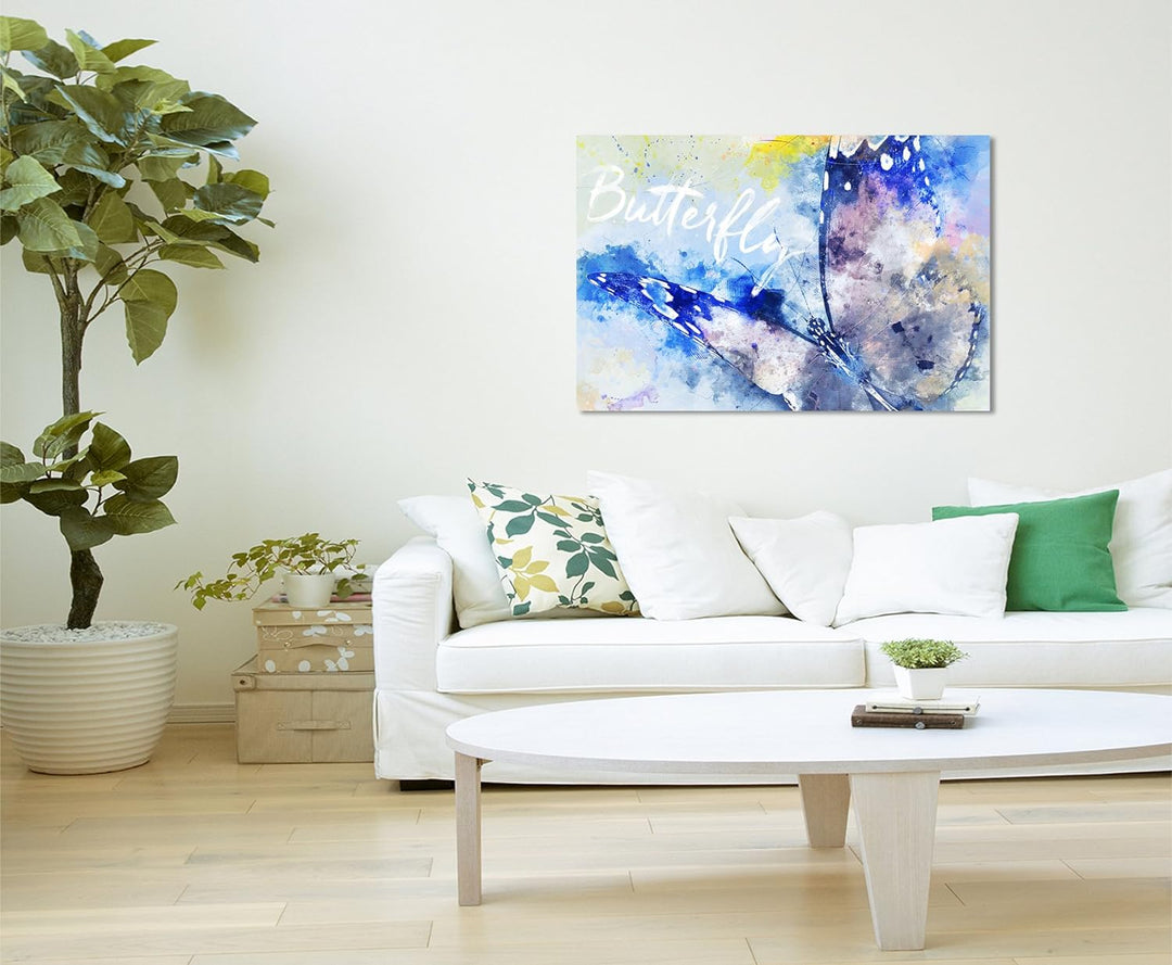 Paul Sinus Art Bild Leinwand 120x80cm Schmetterling im Flug in Blautönen mit Kalligraphie, 120x80cm