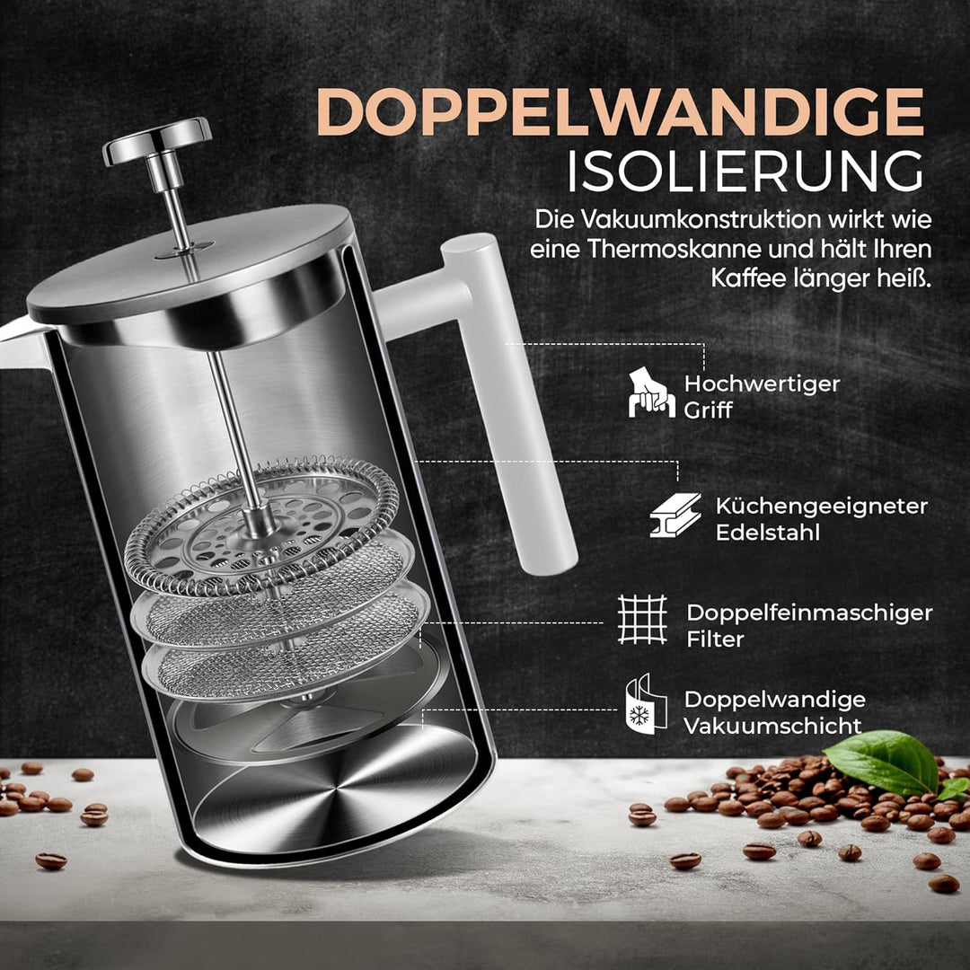 French Press Kaffeekanne aus doppelwandigem Edelstahl Schwarze Pressfilterkanne Französische Kaffeep
