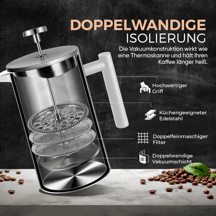 French Press Kaffeekanne aus doppelwandigem Edelstahl Schwarze Pressfilterkanne Französische Kaffeep