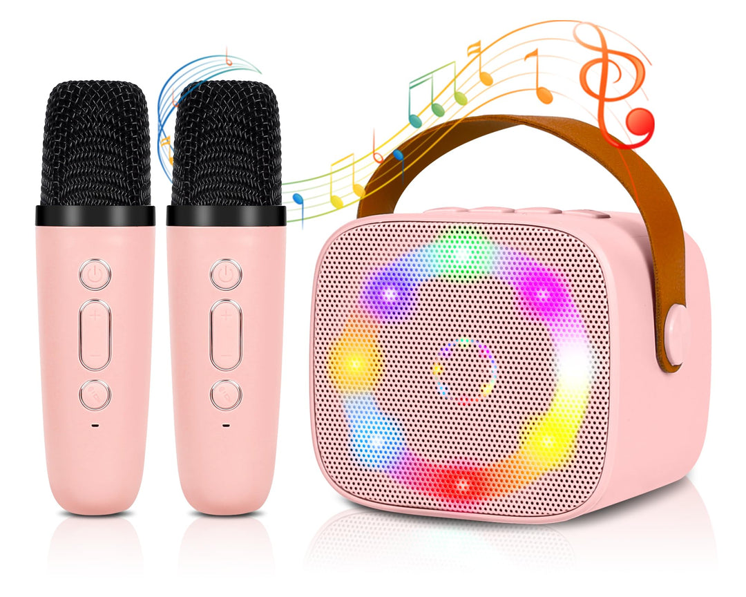 Karaoke Maschine Mini Tragbares Bluetooth Karaokemaschinen mit 2 Kabellosen Mikrofonen für Kinder Er
