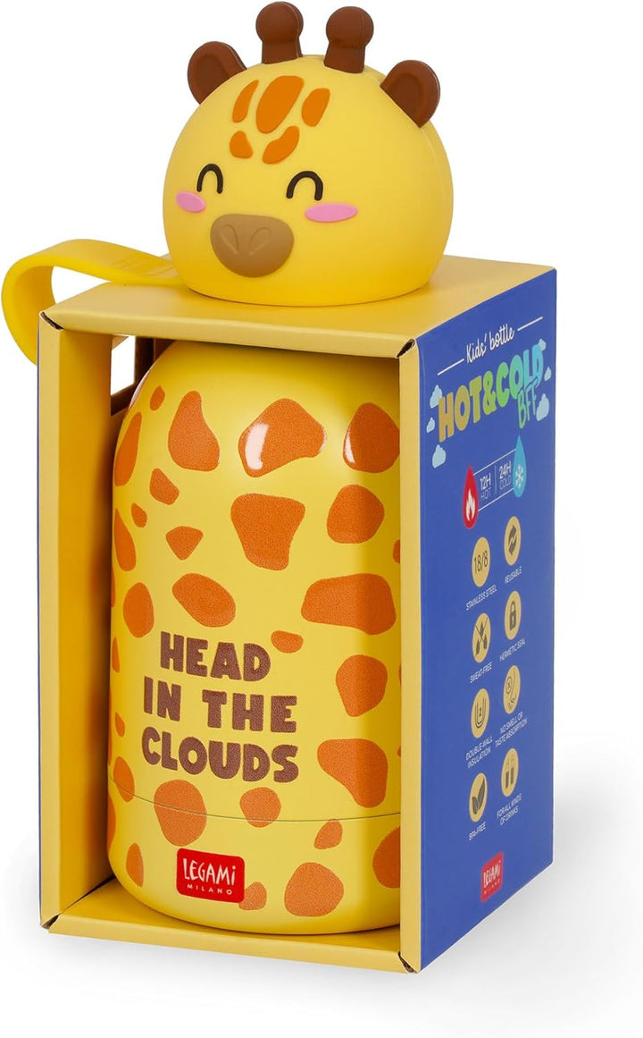 LEGAMI - Hot&Cold BFF Kinder-Wasserflasche, Giraffe-Motiv, doppellagig aus 18/8 Edelstahl mit luftdi