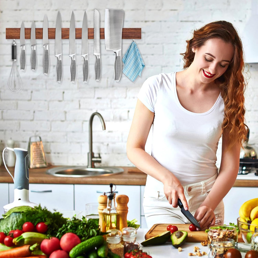 Magnetleiste Messer, Messerhalter magnetisch aus Walnussholz mit 2 Haken, 59cm Magnet Messerhalter H