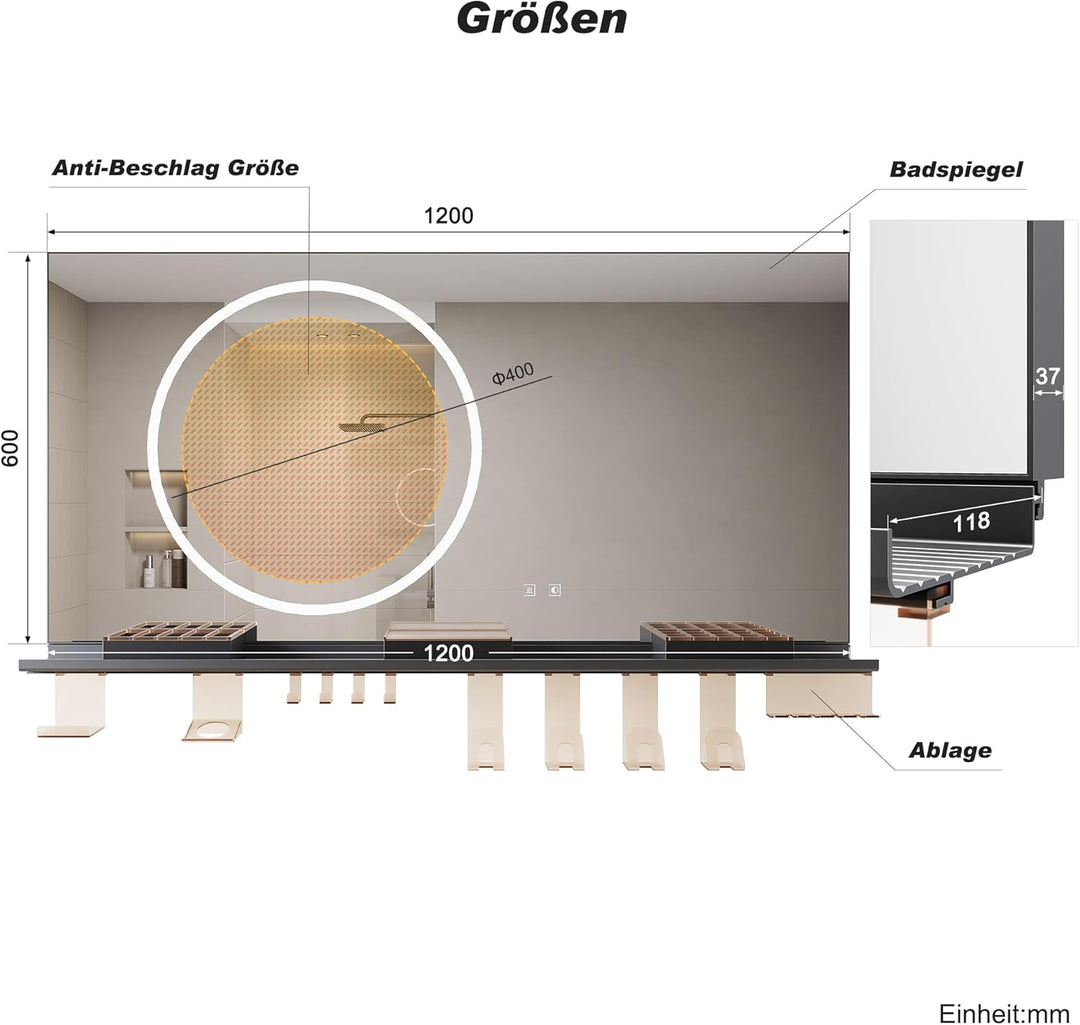 SONNI LED Badspiegel 120x60cm mit 120cm Ablage, Touch Badezimmerspiegel 3 Lichtfarben, Anti-Beschlag