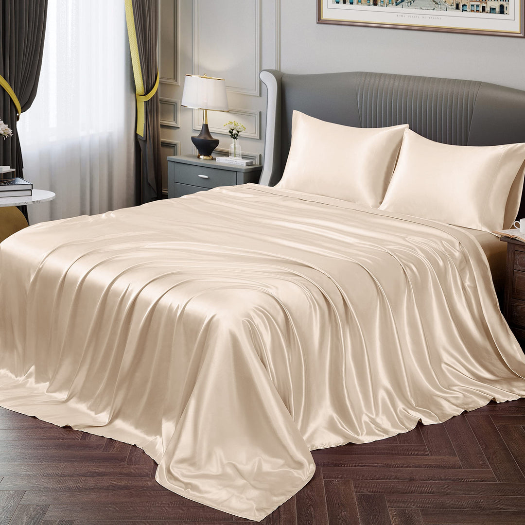 Vonty Bettwäsche-Set aus Satin, weich, seidig, 1 Spannbettlaken mit tiefer Spitze, 1 Bettlaken und 2