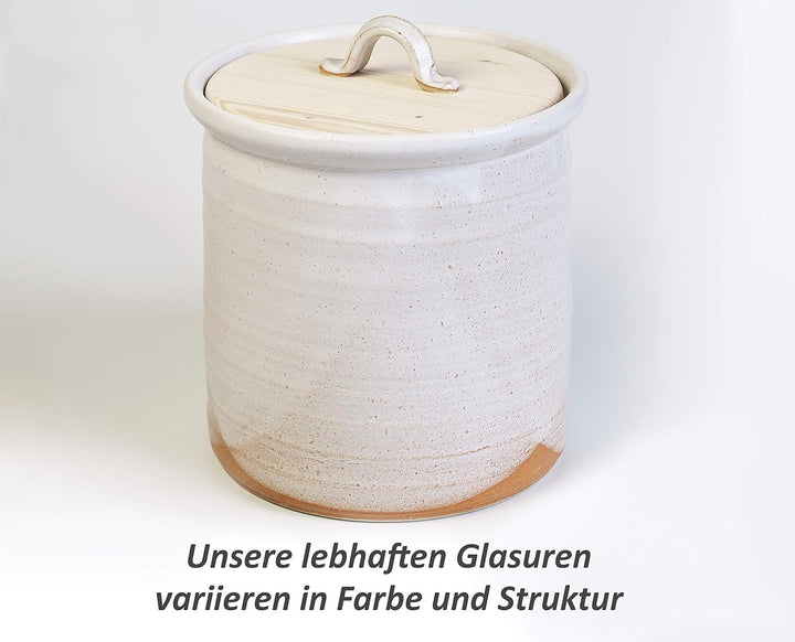 Platzspar-Brottopf, weiss-sand, Keramik/Holz, mit fast so viel Volumen wie die M-Grösse