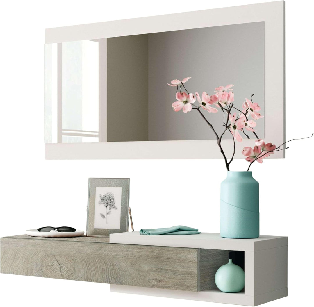 Flur mit Schublade und Spiegel, Eingangsmöbel, Modell Noon, Ausführung in Artik White und Alaska Oak
