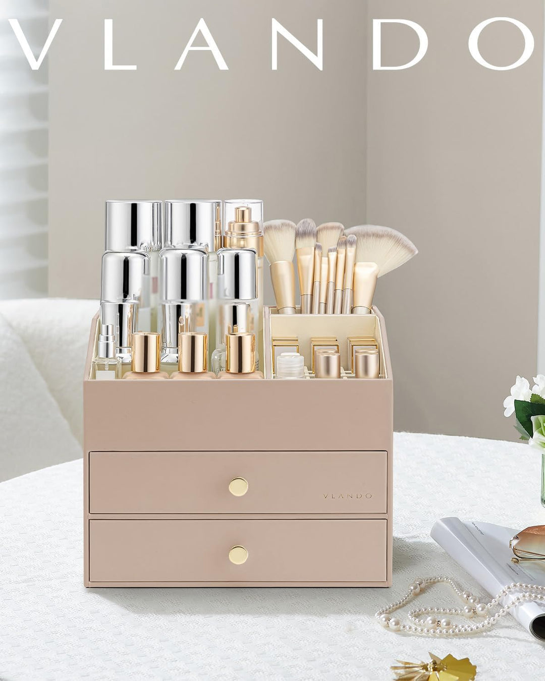 VLANDO Make up Organizer mit 3 Schubladen, Schminktisch Kosmetik Skincare Parfüm Organizer, für Bade