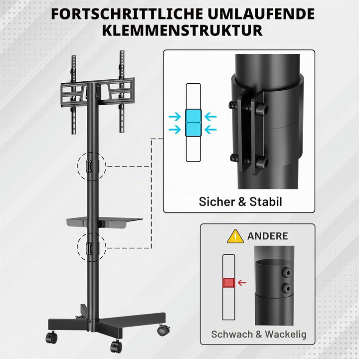 BONTEC Mobiler TV Ständer auf Rollen, Neigbar, Höhenverstellbarer Rollbarer TV Wagen mit Medienablag