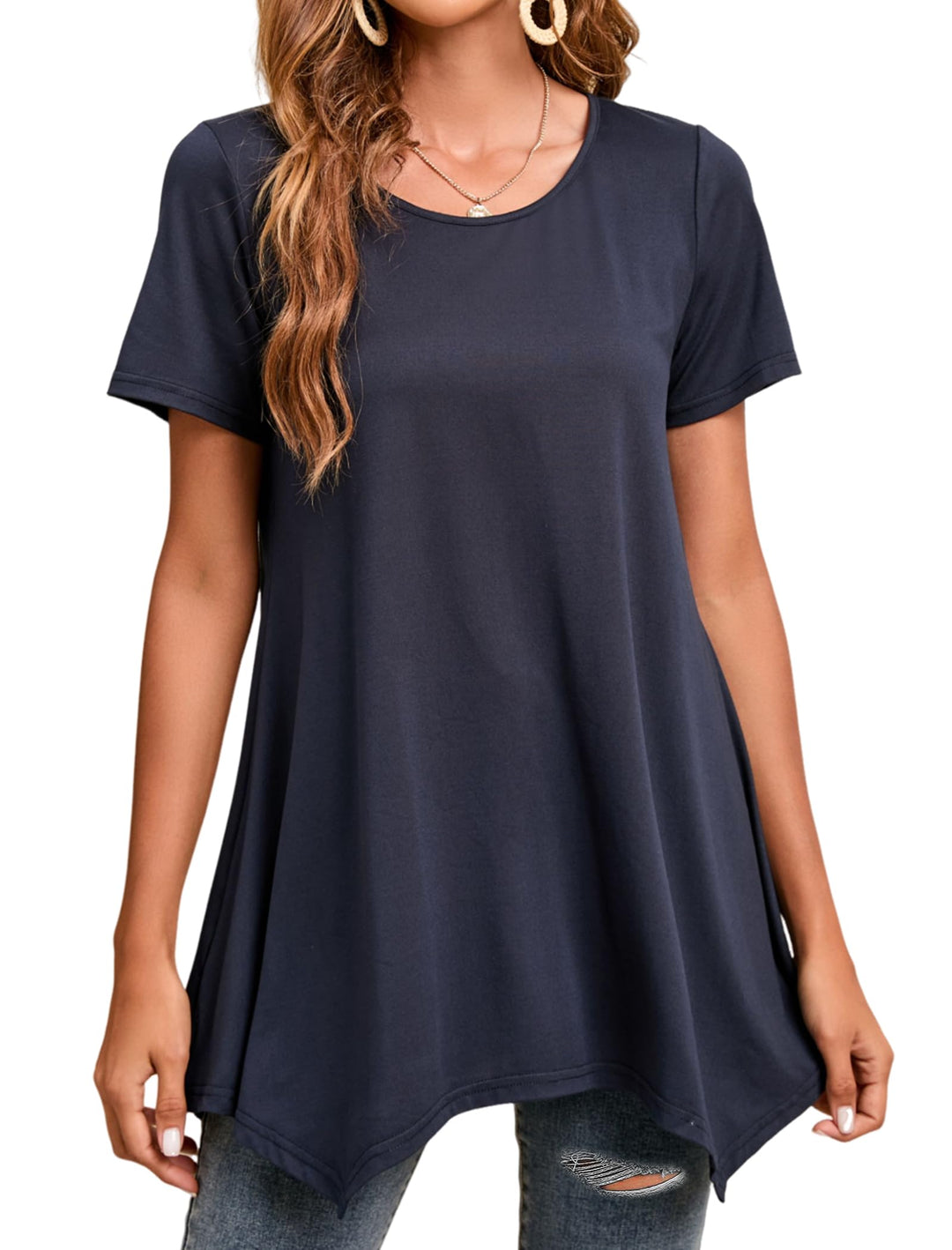 Enmain Damen Tunika Shirt Langarm/Kurzarm Bluse mit Blumen Longshirt Casual Elegante 3/4 Ärmel Rundh