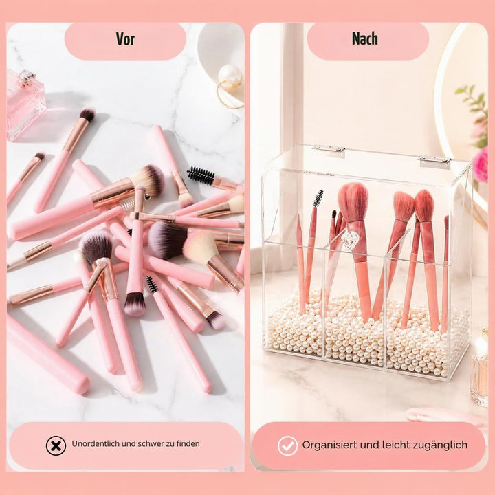 Okllen Make-up-Pinselhalter mit Staubdichtem Deckel, Weisse Perlen, Transparenter Acryl-Make-up-Pins
