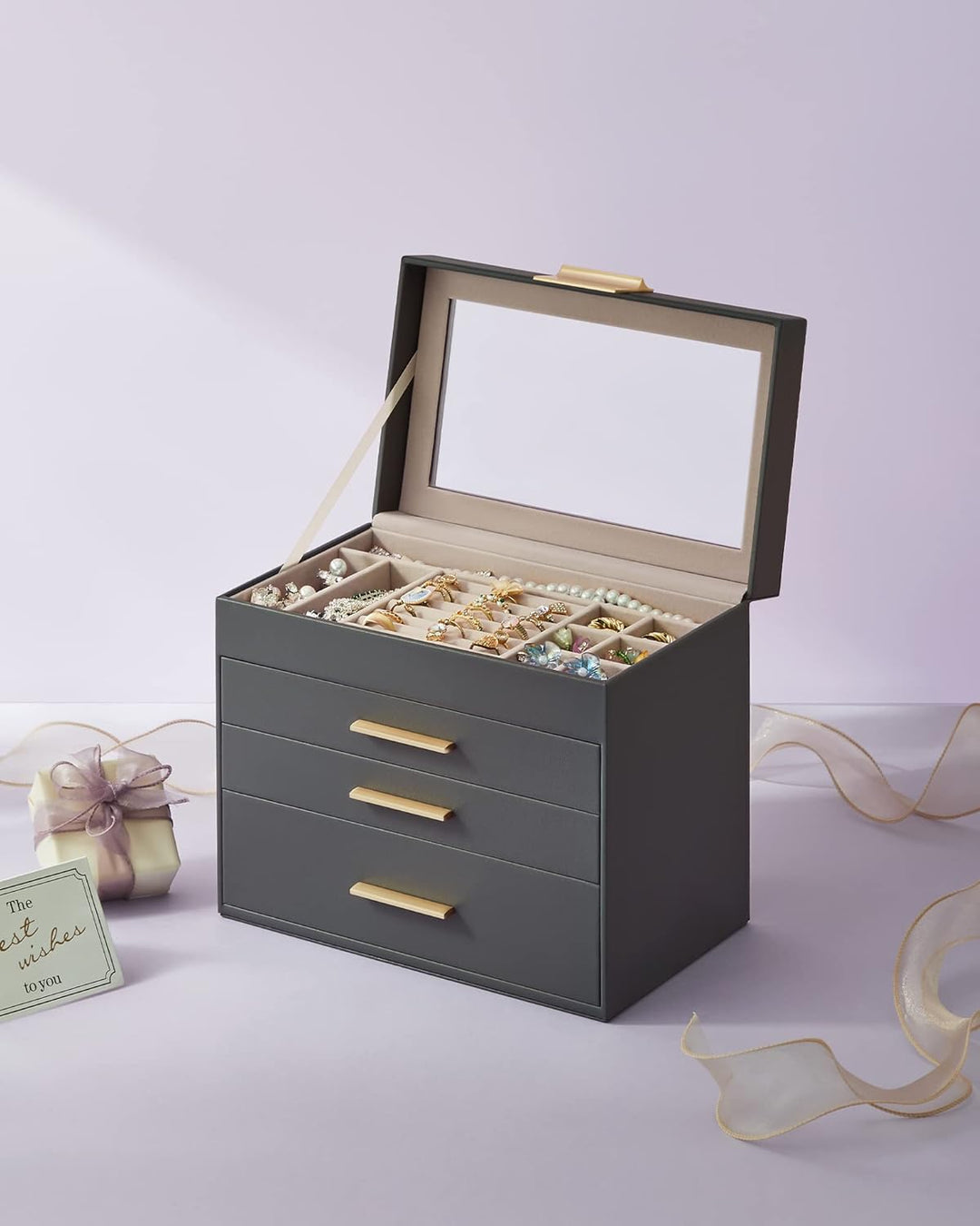 SONGMICS Schmuckkästchen, Schmuckkasten mit 4 Ebenen, Schmuckbox mit Glasdeckel, 3 Schubladen, für S