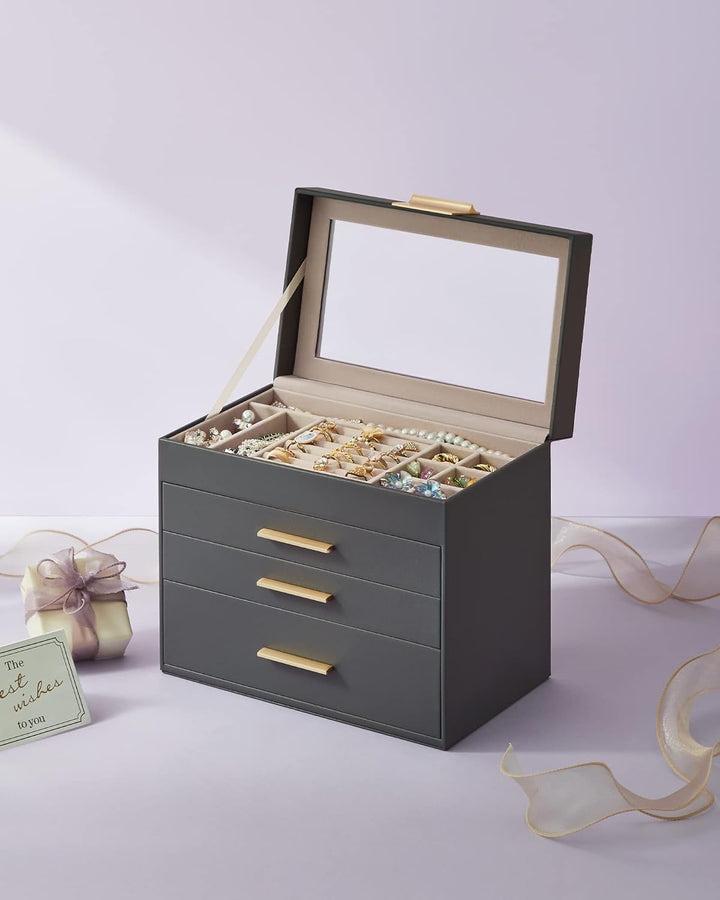 SONGMICS Schmuckkästchen, Schmuckkasten mit 4 Ebenen, Schmuckbox mit Glasdeckel, 3 Schubladen, für S