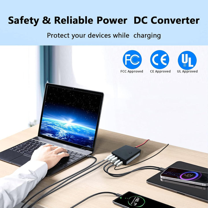 DC-Konverter 12V/24V auf 5V 12A, bis zu 60W, mit Batterieklemmen, USB-C, Mehreren Anschlüssen, Buck-