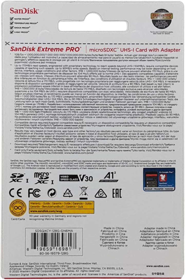 SanDisk Extreme Pro 128GB microSDXC Memory Card + SD Adapter with A2 App Performance + Rescue Pro De