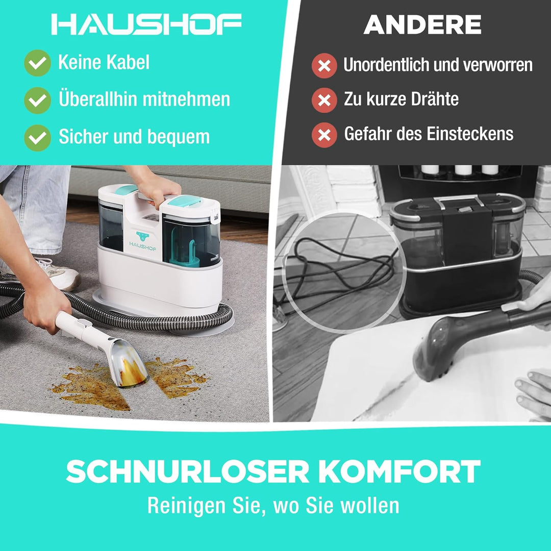 HAUSHOF StainZapper Air, Akku Waschsauger für Auto 12kPa, 24V Kabelloser Fleckenreiniger Teppichrein